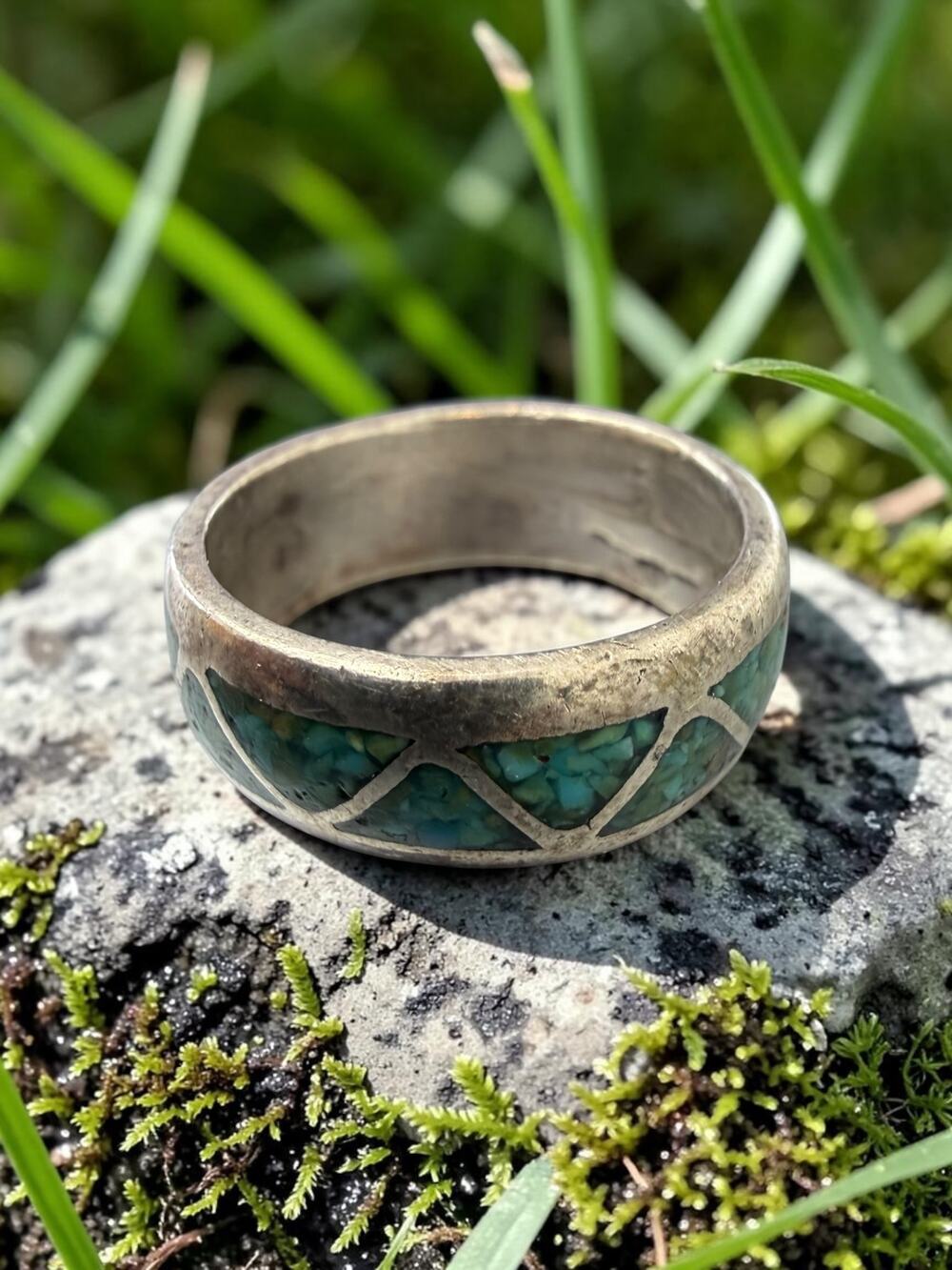 Vintage Sterling Silver Turquoise Inlay Wide Band Ring Geometric Mosaic Design